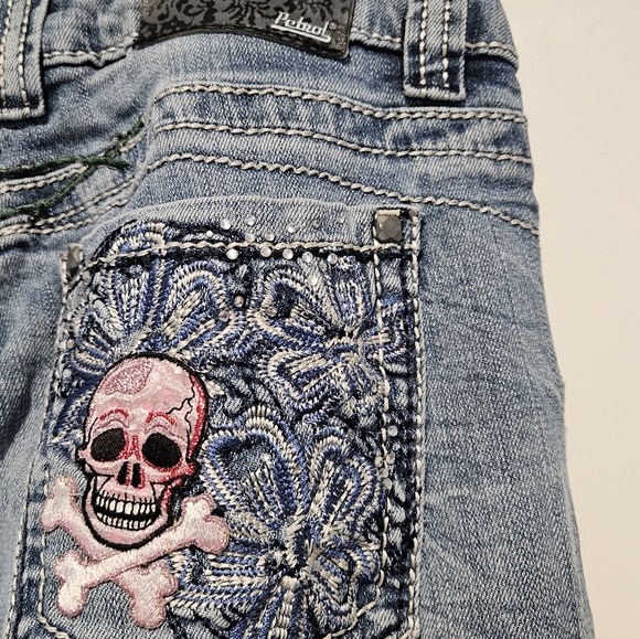 Petrol bootcut jeans with embroidered pink flowers skull and lizard size 28 - Picture 4 of 10